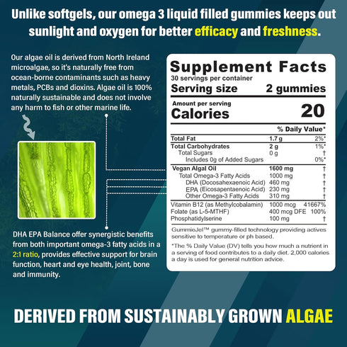 Vegan Omega 3 Gummies 1000mg, Omega 3 Fish Oil Alternative, Marine Algae Omega 3 Supplement DHA 460mg, EPA 230mg w/Vitamin B12, Folate, PS for Bra...