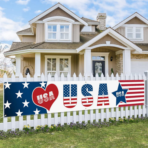 Probsin Large 4th of July Banner 120"x20" Decorations Independence Day Yard Sign Patriotic Hanging Decor American Heart Stars Party Supplies for I...