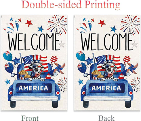 Weclome 4th of July Garden Flag Dog Patriotic Truck Flags 12 x 18 Inch Double Sided Burlap Small Fourth July Flag for Outside American Memorial Da...