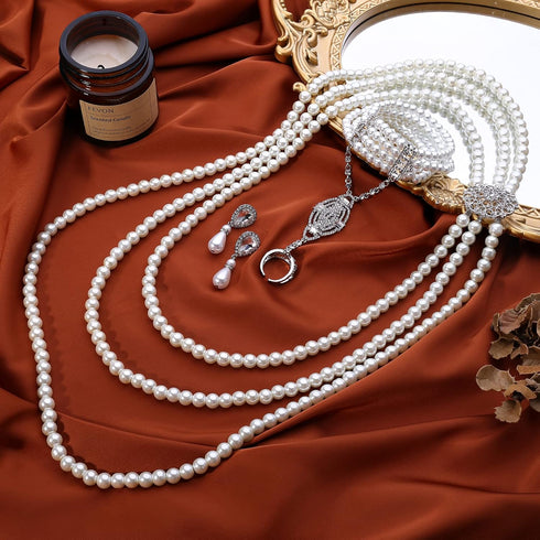 HAIAISO 1920s Art Deco Faux Pearls Necklace Fashion Dangle Pearl Earrings Flapper Bracelet Ring Set 20s Costume Party Accessories Vintage Wedding ...