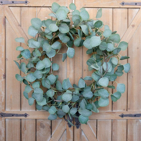 idyllic Eucalyptus Leaves Wreath Metal Polyester Fabric Paper Round Green Wreath 22 Inches for The Front Door Decor...
