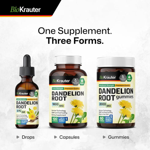 BIO KRAUTER Dandelion Root Extract - Alcohol & Sugar Free Dandelion Tinture - Vegan Supplement for Cleansing & Immunity - 2 Fl. Oz - 28 Days of Su...