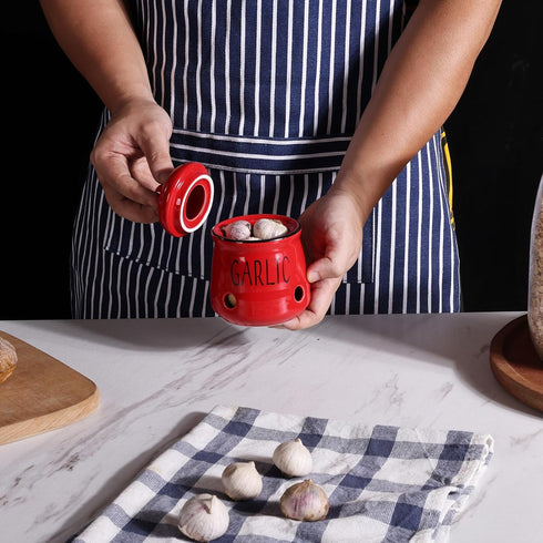 HAOTOP Garlic Keeper with Lid, Ceramic Mini Garlic Container Saver for Countertop, Keep Your Garlic Cloves Fresh, Red...