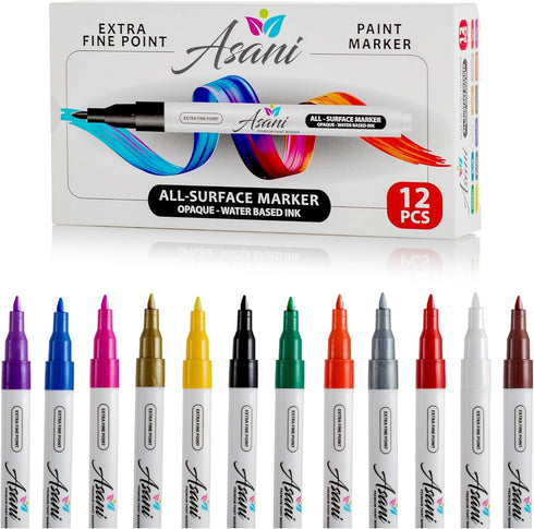 Asani Paint Pens Acrylic Markers Set (12-Color) Rock Painting, Glass, Wood, Porcelain, Ceramic, Fabric, Paper, Kindness Rocks, Mugs, Calligraphy, ...