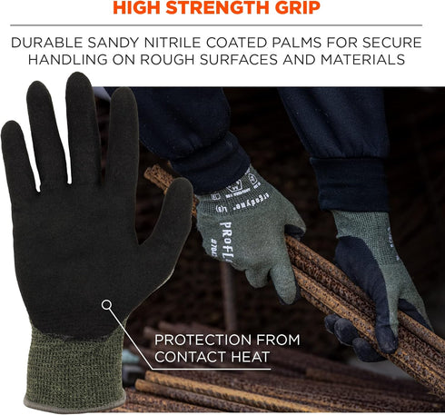 Ergodyne ProFlex 7042 Cut Resistant Work Gloves, ANSI A4, Contact Heat Resistant, Sandy Nitrile Coated Palms, 18g Aramid, Green, Large US...