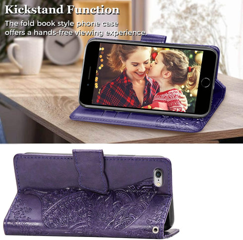 Wallet Case for iPhone SE 2020/SE 2022/iPhone 8/iPhone 7,Women Butterfly Embossed PU Leather Stand Card Slots Wrist Strap Flip Folio Cover for iPh...