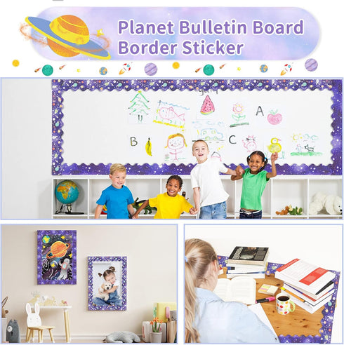 Outer Space Bulletin Board Borders Double-Sided Trim, Boho Galaxy Bulletin Board Decorations Night Sky Border Stickers for School Classroom Office...