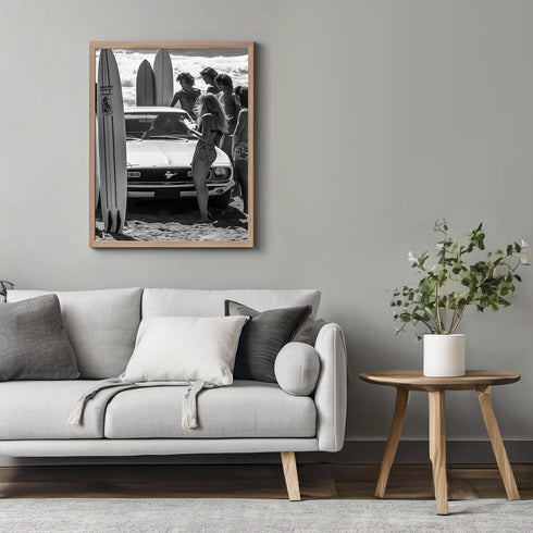 Posterizer 1 pcs-black and white photo of retro beach and surfers-Photography Art-Retro Art-Decor for Home & Office- unframed wall art...