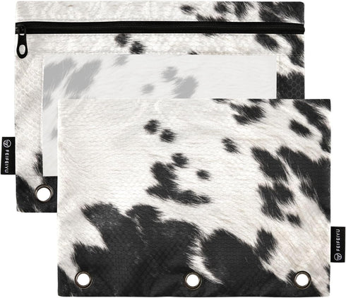Cow Skin Print Pencil Pouch Fits standard 3-ring binders, Zipper Binder Pencil Bag with Clear Window for Class Office 2 Pack...