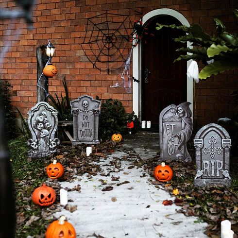 6-Piece Halloween Tombstone Yard Signs with Stakes - Large Eerie Graveyard Design, Spooky Skulls and RIP Messages for Haunted House, Outdoor Garde...