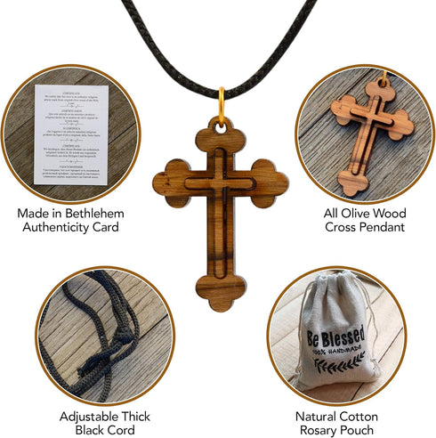 Certified Bethlehem Made Wooden Cross (Olive Wood) Budded Cross Pendant on Black Cord Necklace in Natural Cotton Pouch - 24" Adjustable Wood Cross...