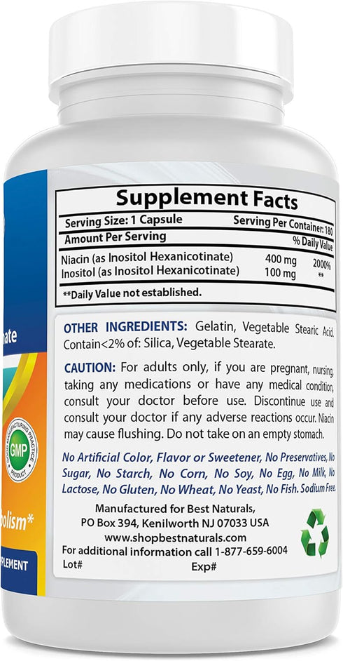 Best Naturals Flush-Free Niacin Inositol Hexanicotinate 500 mg 180 Capsules...