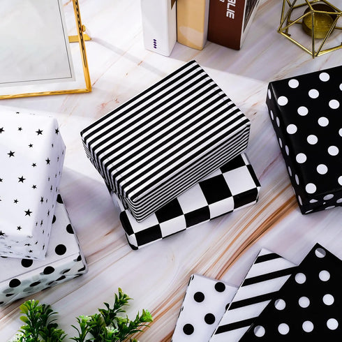 Whaline 120Pcs Black White Tissue Paper Checkered Star Stripes Polka Dots Pattern Wrapping Paper Minimalist DIY Art Craft Paper for Home Wedding B...