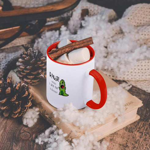 3dRose 11oz Coffee Mug Two Tone Red, Rawr Means I Love You in Dinosaur - Dinosaur Collectibles and Cool Dinosaur Gifts, Unique Dinosaur Themed Gif...