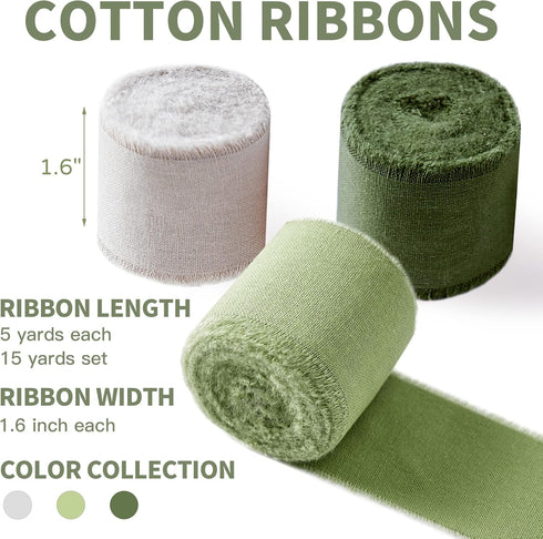 Green Ribbon 1-1/2 x 15 Yards Handmade Cotton Frayed Fringe Fabric Ribbons for Crafts Flower Bouquets Wedding Baby Shower Home DIY Decor...