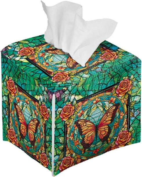 Butterfly Rose Print Tissue Case Cover Square, Waterproof Tissue Box Cover for Home Office, Foldable Kleenex Tissues Cube Boxes with Bottom Belt, ...