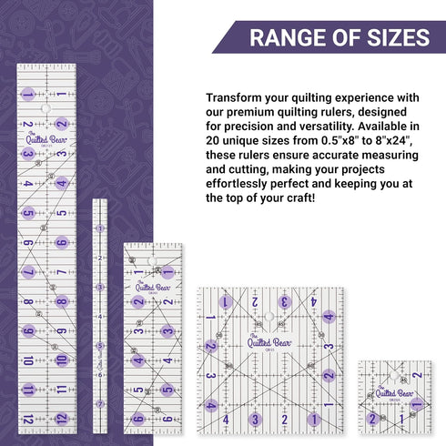 The Quilted Bear Quilting Rulers - Transparent Acrylic Non Slip Quilting, Patchwork & Sewing Ruler with Clear Black Lines & 30, 45 & 60 Degree Ang...