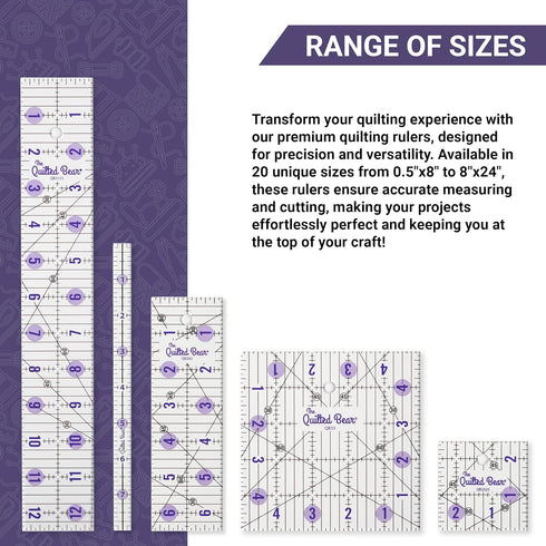 The Quilted Bear Quilting Rulers - Transparent Acrylic Non Slip Quilting, Patchwork & Sewing Ruler with Clear Black Lines & 30, 45 & 60 Degree Ang...