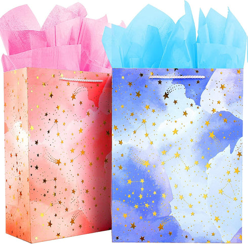 BLESZSING Gift Bag Birthday Large Gift Bags Set Included 2 Pack Paper Gift Bags with Tissue Paper Colorful Pink Blue Gift Bags 125 Large Size Blue...
