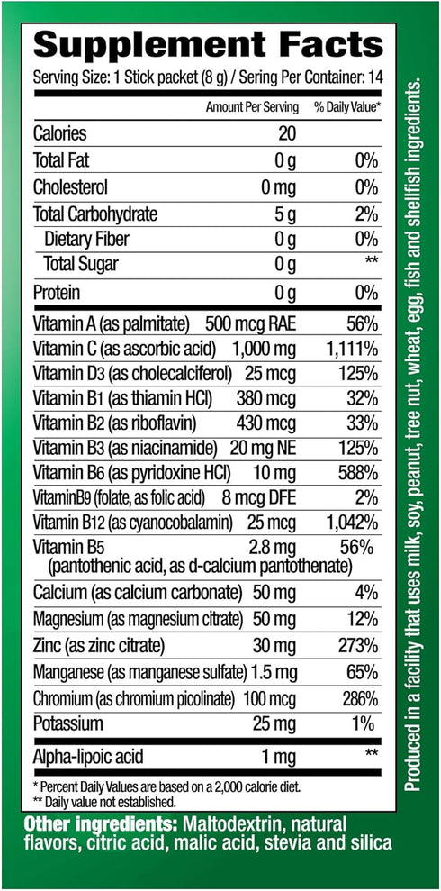 Stick Packs 16 Nutrients & 7 B-Vitamins, Help Support Immune System, Powerful Antioxidants, Contains Electrolytes, Green, Lemon-Lime Flavor, 14 Co...