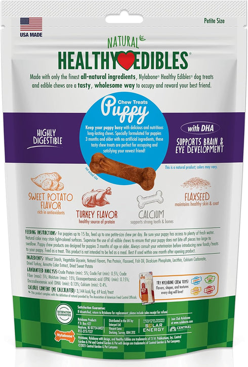 Nylabone Healthy Edibles Natural Puppy Chews Long Lasting Turkey & Sweet Potato Flavor Treats for Dogs, X-Small/Petite (16 Count)...