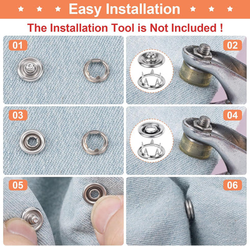 KIKOOD 60 Sets 9.5mm Snaps Buttons Fastener Metal Silver Open-Ring Cap Gripper Grip Stain Steel Prong No-Sew Button Studs for DIY Baby Jeans Cloth...
