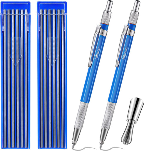 Hiboom 2 Pcs Welders Pencil with 24 Pcs Silver Round Refills, Mechanical Pencils Metal Marker with Built in Sharpener for Pipe Fitter Welder Steel...
