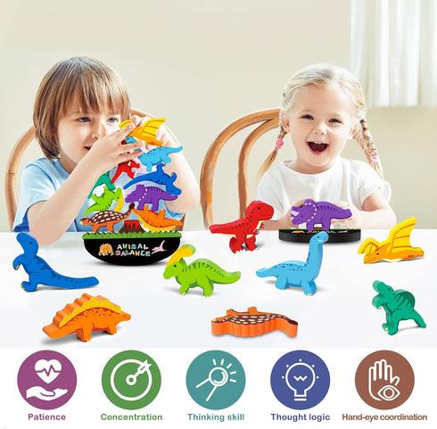 FFTROC Montessori Dinosaur Toys for 2 3 4 Year Old Boys - Wooden Stacking Dinosaur Toys for Kids 2-4 3-5, Toddler Balancing Block Sets...