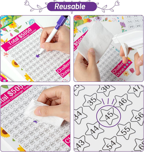 20 Sheets Money Saving Challenge Binder Trackers for 6 Ring A5 Binder, 100 Envelopes, 52 Week, 30 Day, 100 Day Savings Challenge Tracker Card Mone...