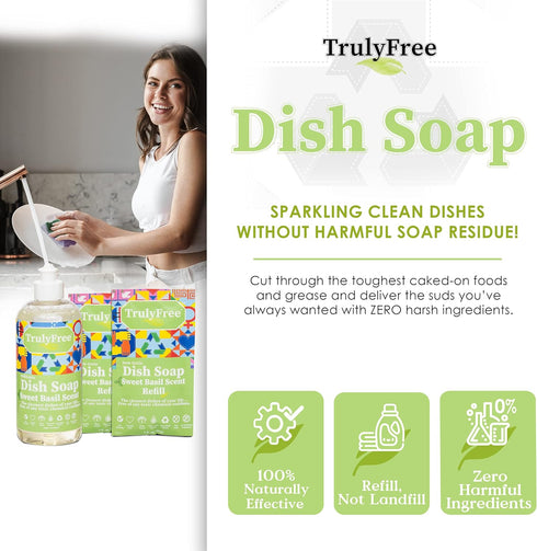 Non-Toxic Natural Liquid Dish Soap | Long-Lasting, Sweet Basil Fresh Scent | Includes: 1 Empty Refill Squeeze Bottle (16oz), 2 Refill Packs...