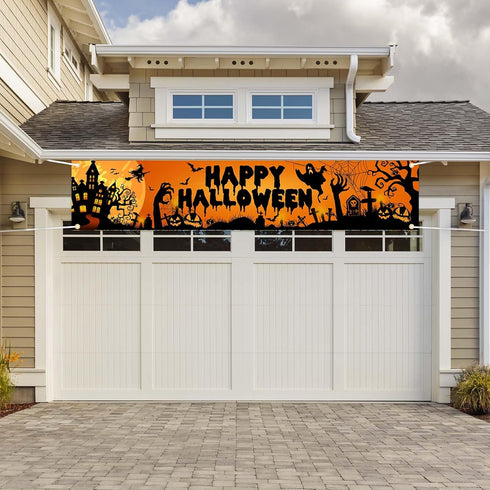 Avezano Happy Halloween Banner Large 98.4 x19.6 Inch Yard Sign Banner Black and Orange Halloween Party Decorations Welcome Hanging Flag Outdoor Fe...