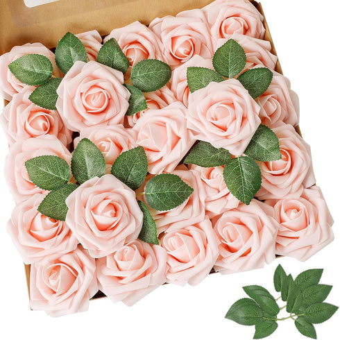 AmyHomie Artificial Flower Blush Pink Rose 25pcs Real Looking Fake Roses w/Stem for DIY Wedding Bouquets Centerpieces Arrangements Party Baby Show...