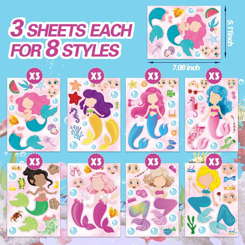 24 Sheets Mermaid Stickers Make Your Own Mermaid Stickers Party Favors Make A Mermaid Stickers Mermaid Make A Face Stickers for Kids Party Favors,...