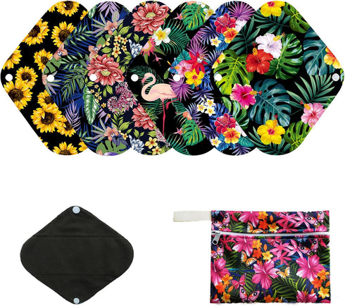 7pcs Pack Cloth Pads Including 1pc Mini Wet Bag +6pcs Bamboo Charcoal Cloth Reusable Menstrual Pads/Reusable Sanitary Pad/Mama Panty Liners (All R...
