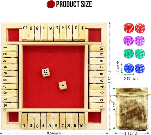 Dice Game Shut The Box Game Wooden Board Game with 10 Dices,a Classic 4 Sided Family Math Game for 2-4 Players Dice Board Game Shut-The-Box,Red(Ki...