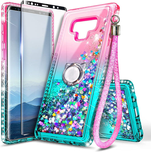 Case for Samsung Galaxy Note 9 with Screen Protector (Maximum Coverage, Flexible TPU Film), Ring Holder/Wrist Strap, Sparkle Glitter Flowing Liqui...