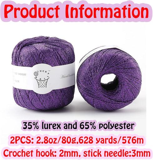 2PCS Metallic Crochet Thread,Yarn for Crocheting,Metallic Thread Round Band Yarn,Lurex Yarn with Metallic Shine, Sparkle Metallic Yarn for Clothes...