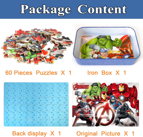 Puzzles for Kids Ages 4-8 60 Pieces Superhero Jigsaw Puzzles for Boys and Girls Educational Learning Puzzles in Metal Box The Avengers....