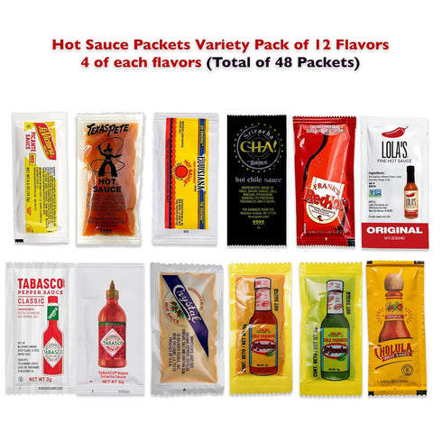 Hot Sauce Variety Pack of 48 Condiment Packets. 4 Each of 12 Flavors. Texas Pete Hot Sauce Packets, Mini Condiments, Mini Hot Sauce, Condiment Pac...
