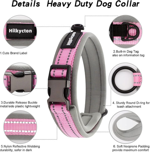 Soft Neoprene Padded Dog Collar, Adjustable Reflective Wide Pet Nylon Dog Collars for Small Medium Large Dogs Pink-XL...