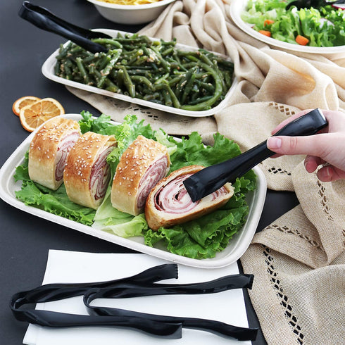 Set of 18 - Heavy Duty Disposable Plastic Serving Utensils, Six 10” Spoons and Forks, Six 6-1/2” Tongs, Black...