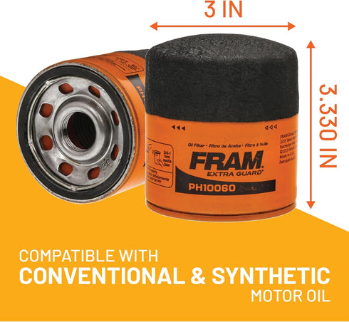 FRAM Extra Guard PH10060 10K Mile Change Automotive Replacement Interval Spin-On Engine Oil Filter for Select Vehicle Model Years, Vehicle Engine ...