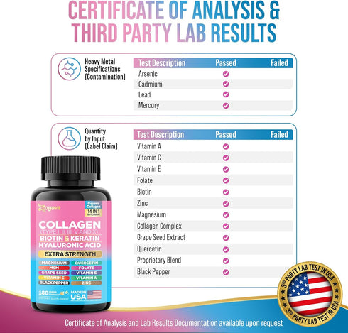 Zoyava Collagen Pills Peptides Types I, II, III, V & X MCG Biotin Keratin Hyaluronic Acid MSM Vitamin A Vitamin C Vitamin E Folic Acid Zinc Magnes...
