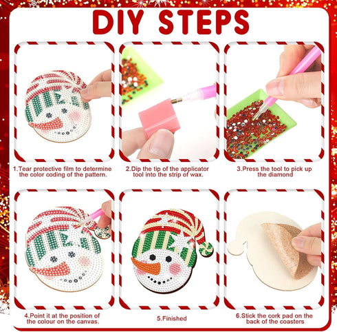 12 Pcs Christmas Diamond Art Coasters Snowman Head Diamond Painting Coasters with Holder Xmas Diamond Painting Kit Diamond Acrylic Round Cup Coast...