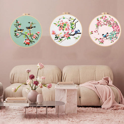 Chwang 3 Sets Embroidery Starter Kit with Bird Pattern, Embroidery Kit for Beginners Include Embroidery Hoop, Fabric, Threads and Needles for Cros...