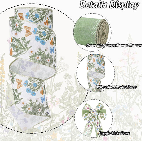 Green Wildflowers Wired Edge Ribbon Retro Wild Floral Craft Ribbon Spring Fabric Ribbon for Wreath Bow Making DIY Wrapping Party Decor Supplies, 2...