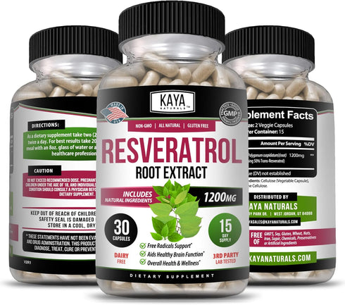 Kaya Naturals - Resveratrol Capsules - Anti Aging Supplement - Antioxidants with Brain Support - Maximum Benefits - 30 Veggies Capsules...