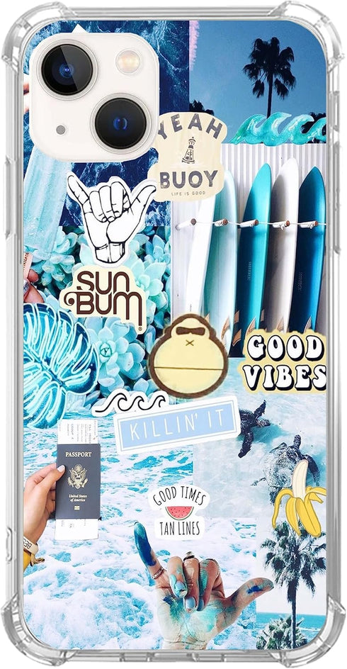 Good Vibes Picture Collage Phone Case for iPhone 13, Summer Sea Beach Blue Collage Cover for Women Men Girls Boys, Trendy Design TPU Bumper Cover ...