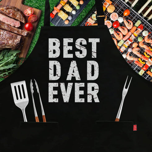 BBQ Funny Apron for Men - Best Dad Ever - Chef Bib Apron with 2 Pockets, Adjustable Neck Strap and 40" Long Ties - Best for Kitchen Cooking, Grill...