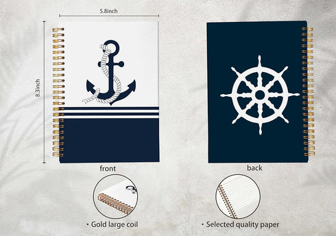 Navy Nautical Anchor Rope Ship Steering Wheel Lined Spiral Journal Notebook 8.3×5.5 Inches Hardcover College Ruled Notebook for Work Note Taking J...